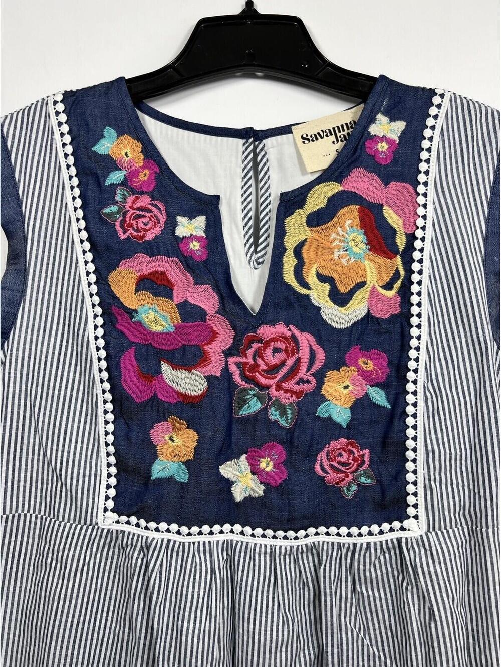 Savanna Jane Vibrant Embroidered Blue Striped Dress Size Small Boho Cowgirl - Picture 3 of 9